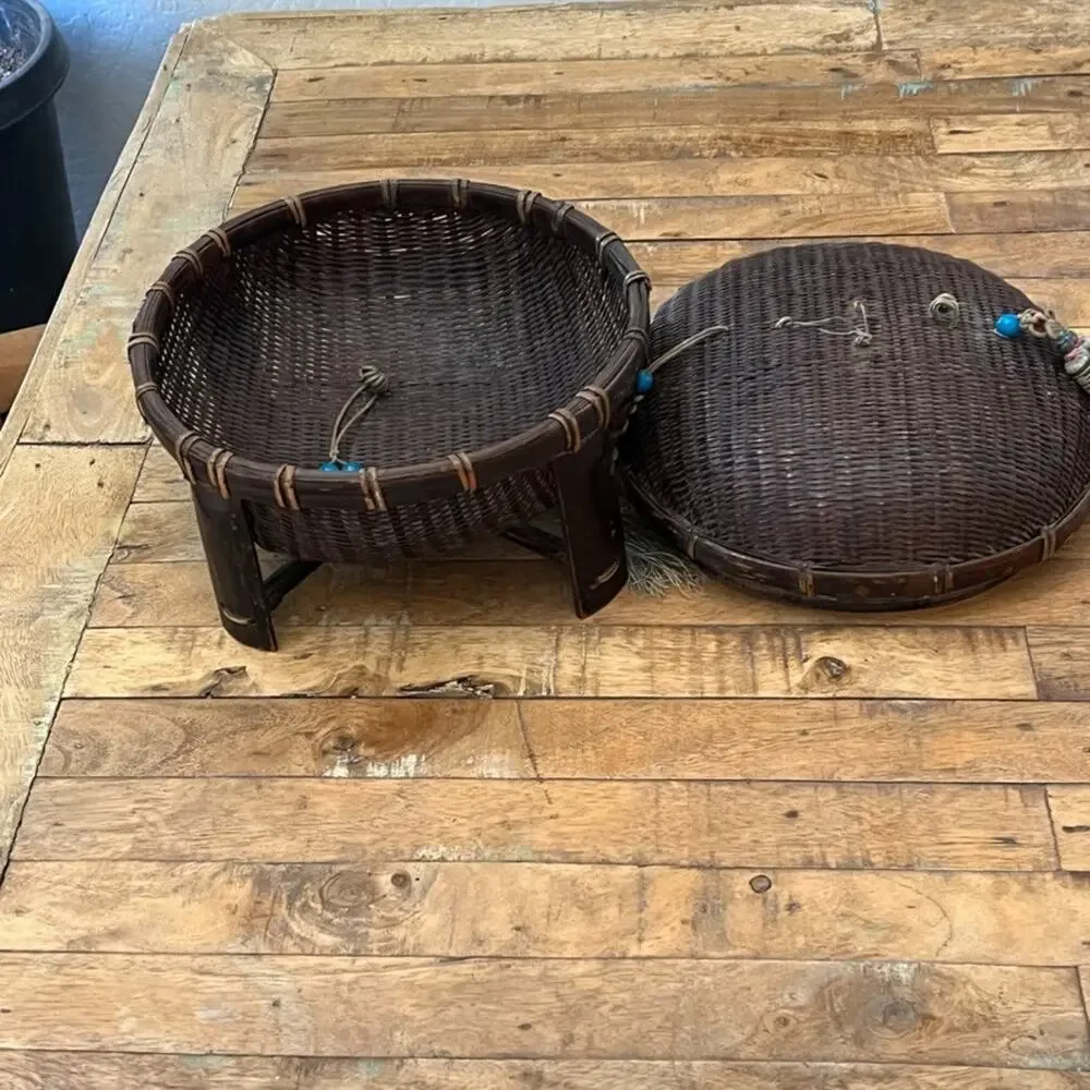 Antique Chinese Wicker Lidded Sewing Basket 7.5